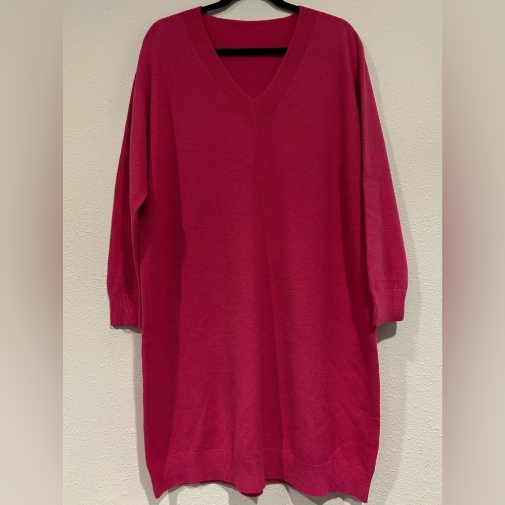 Women's Hot Pink V-Neck Sweater Dress